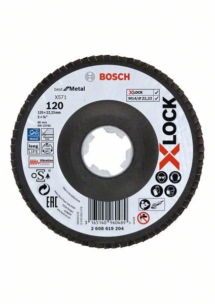 Bosch X-LOCK Fächerschleifscheibe, X571,abgewinkelt Ø125 mm K120, 1St 2608619204