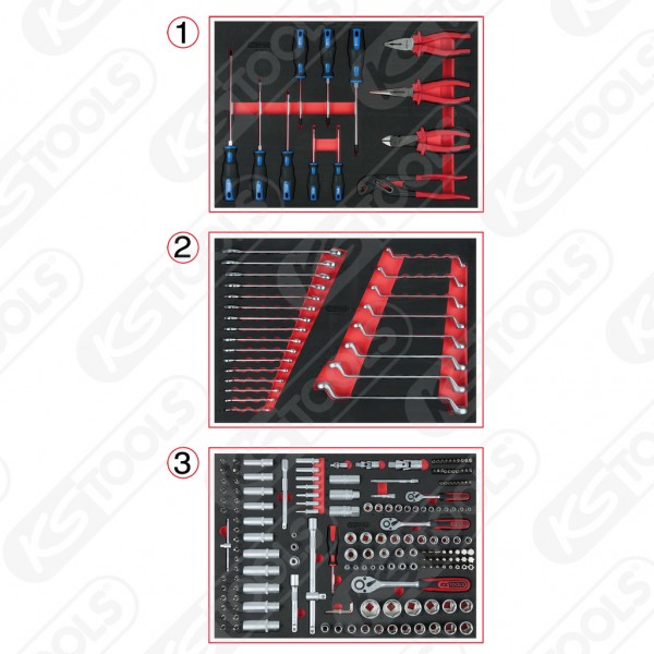 KS-Tools Universal-Systemeinlagen-Satz für 3 Schubladen mit 215 Premium-Werkzeugen, 713.0215