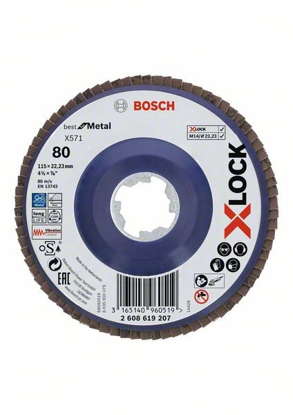 Bosch X-LOCK Fächerschleifscheibe, X571, gerade, Ø115 mm, K 80, 1 Stk 2608619207