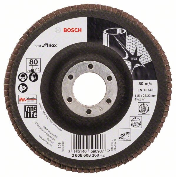 Bosch Fächerschleifscheibe X581 Inox, gerade, 115 mm, 80, Glasgewebe 2608608269