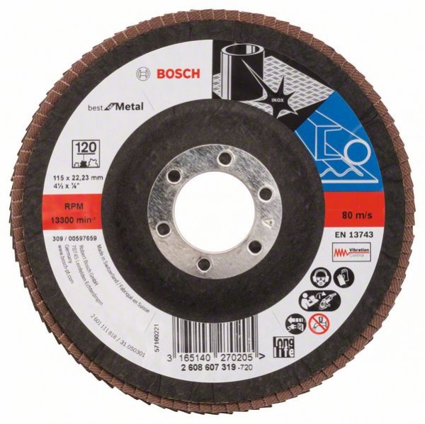 Bosch Fächerschleifscheibe X571, gewinkelt, 115 mm, 120, Glasgewebe 2608607319