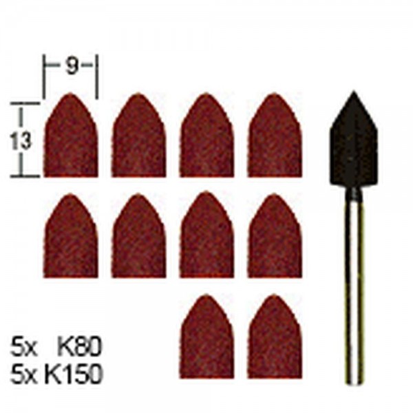 Proxxon Schleifkappenträger, 9 mm, je 5 Schleifkappen Korn 80 + 150, 28987