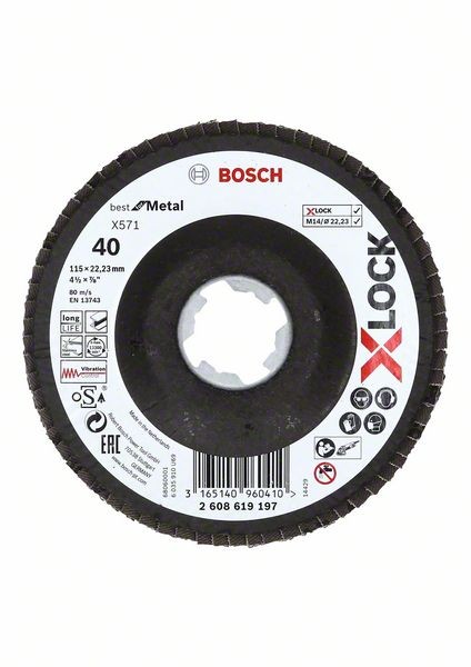 Bosch X-LOCK Fächerschleifscheibe, Ø115 mm, K40, X571, Best Metal,1St 2608619197