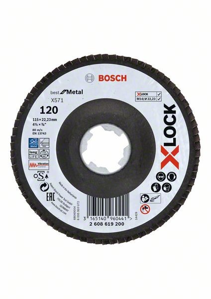 Bosch X-LOCK Fächerschleifscheibe, X571,abgewinkelt Ø115 mm K120, 1St 2608619200